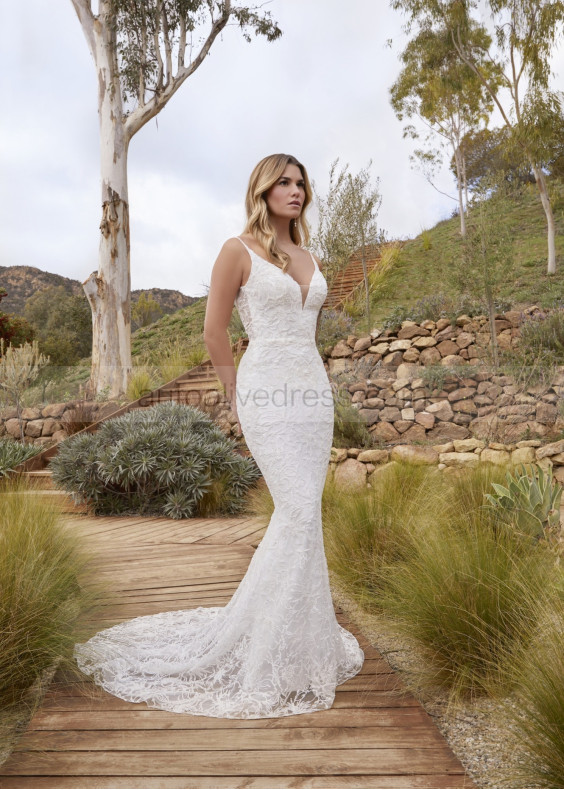 V Neck Beaded Ivory Lace Tulle Luxurious Wedding Dress